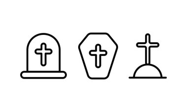 Cadılar Bayramı olayıyla ilgili simge koleksiyonu. mezar ve tabut. Web simgesi arayüzü ya da herhangi bir tasarım ögesi için düzenlenebilir çizgi. en düşük taslak biçiminde bir pictogram.