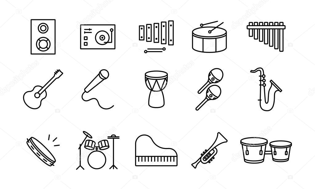 the editable stroke line icons collection related to music instrument stuff. a guitar, piano, djembe, etc that is suitable to be used as ui ux element design.