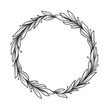 Dekoratif çerçeve için çiçek çelengi çizimi. Bir düğün davetiyesi, tebrik kartı ve daha fazlası için güzel bir yaprak çizimi çerçevesi..