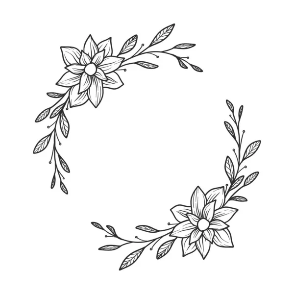 Una Ilustración Dibujada Mano Corona Floral Hermoso Marco Decorativo Para — Vector de stock