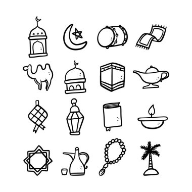İnce çizgili 16 popüler İslami ikon seti. İslami logo tasarım vektörü beyaz arkaplanda izole edildi. Ramazan Kareem ve ied Mübarek ya da pictogram varlıkları gibi İslami olaylar için kullan