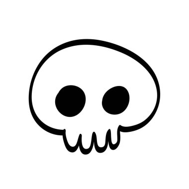 Beyaz arka planda izole edilmiş şirin bir kafatası karalaması. Dekorasyon için vektör illüstrasyonunda komik kafa kemiği. sembol, logo ve şirin ögenin simge koleksiyonu.