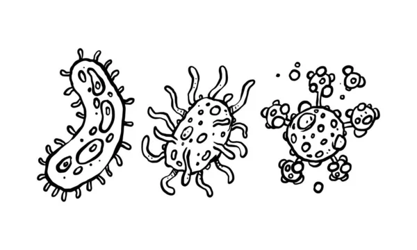 Eenvoudige Set Van Virus Hand Getekende Vector Handgetekende Lijn Tekenfilm — Stockvector