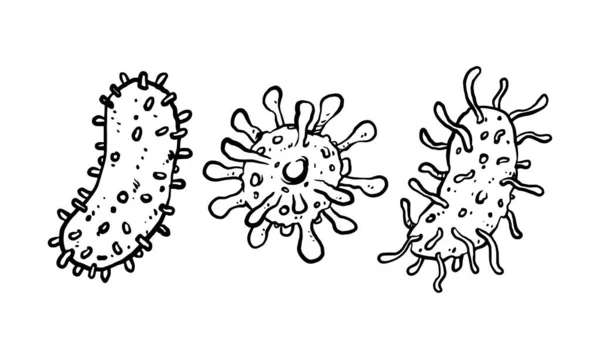 単純な3つのウイルスハンド描画ベクトルのセット 手描き線画漫画イラスト 白の背景に独立したアイコン — ストックベクタ