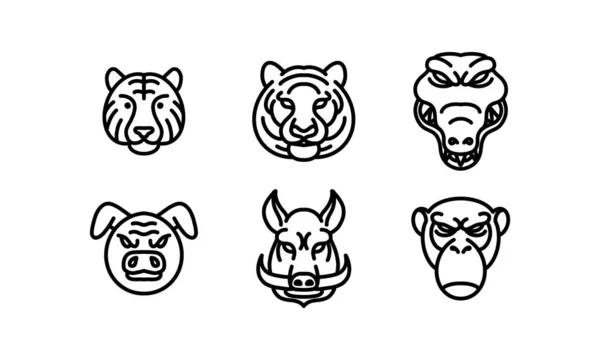 Set Cabezas Animales Salvajes Icono Línea Vectores Animales Arte Línea — Vector de stock