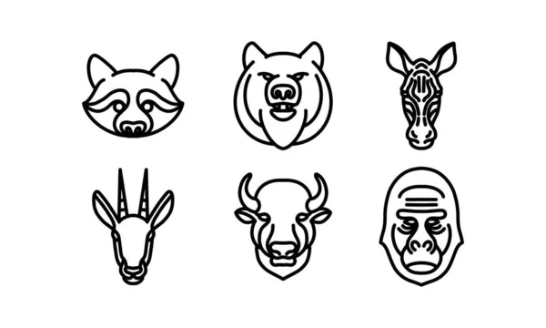 動物ベクトル線アイコン 動物の頭ベクトル線画 分離動物イラスト 6頭セット — ストックベクタ