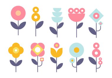 Sapı şekilli bir çiçek seti. Metin için boşlukları olan minimalist illüstrasyon. Dekoratif bir element tasarımı için renkli çiçekler.