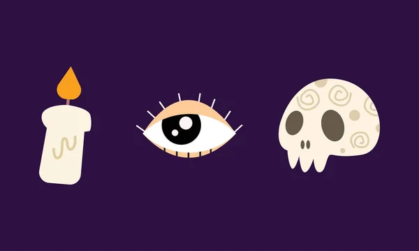 Ensemble Articles Halloween Illustrés Dans Style Doodle Bougie Œil Crâne — Image vectorielle