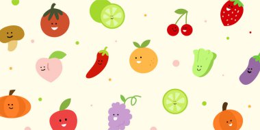 Kawaii meyvesi ve sebze resimlerinden oluşan şirin bir desen. Oyuncu tema tasarımı için arkaplan deseni ya da duvar kağıdı için düzenlenmiş nesneler kümesi.