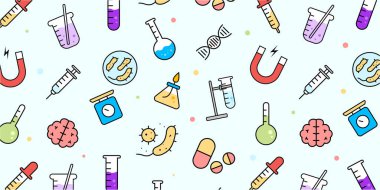 Düz bir dizaynda çeşitli laboratuvar malzemelerinin bilimsel desenleri. arkaplan veya duvar kağıdı için düzenlenmiş çeşitli laboratuvar test araçlarının düzenlenebilir vektörü.