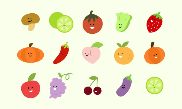 Conjunto Frutas Vegetais Ilustrações Design Bonito Ilustrações Kawaii Com Várias —  Vetores de Stock