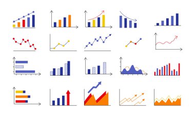 Borsa ve diğer kullanım alanları için çeşitli şema çizelgeleri. Bilgi grafikleri için bir koleksiyon, veri görselleştirme, sunum. Haber güncellemeleri için bir illüstrasyon seti.