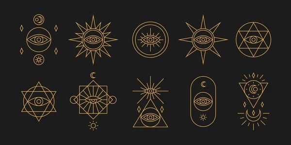 Koyu arkaplanda altın kahverengi çizgilerle gösterilmiş tarot sembolleri. Dövme ve astrolojik dekorasyon için okült nesneler.