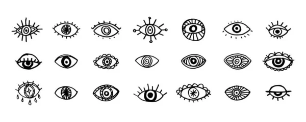 一套眼袋设计 邪恶的眼睛轮廓矢量图解 眼睛手绘符号 用于纹身设计 — 图库矢量图片