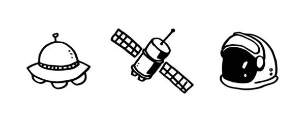 白地に隔離されたスケッチな空間オブジェクトのコレクション 手描きの情報衛星や宇宙飛行士のイラストデザイン — ストックベクタ