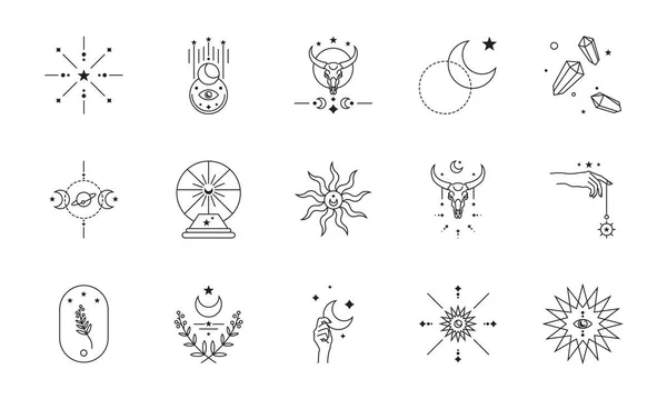 Bir dizi cadı ve sihir koleksiyonu. Tarot kartı tasarım tarzında boho sembolleri. Monoline vektör illüstrasyonunda mistik ve fantezi