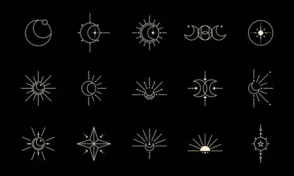Bir dizi cadı ve sihir koleksiyonu. Tarot kartı tasarım tarzında boho sembolleri. Monoline vektör illüstrasyonunda mistik ve fantezi