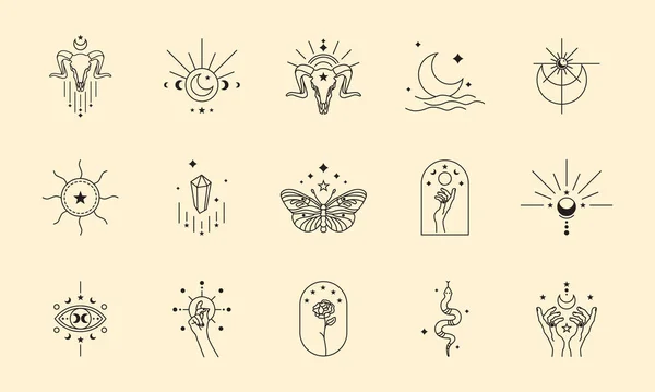 Ensemble Collection Sorcières Magie Symboles Boho Dans Style Conception Carte — Image vectorielle