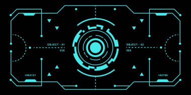 Detaylı HUD fütüristik görüntü. Bilim kurgu monitör ekranı. Modern arkaplan için vektör illüstrasyonu. Yüksek teknoloji kullanıcı arayüzü. 