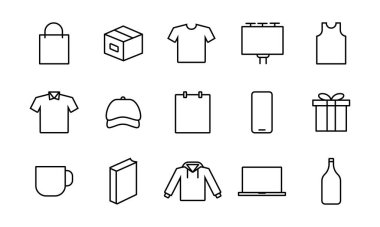 Düzenlenebilir vuruş çizgisi simgeleri koleksiyonu ürünlerle ilgilidir. bir çanta, bez, şişe, katalog, vs. ui ux element tasarımı için uygundur.