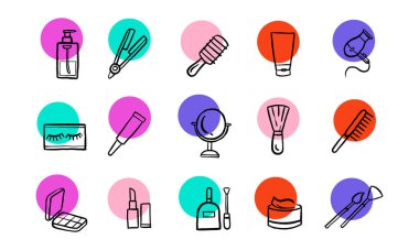 Minimalist kozmetik ikon dizaynı. Basit ve sevimli kadın şeyleri elle çizilmiş.