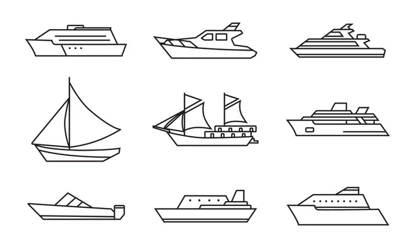 Uma Coleção Vários Barcos Barcos Mar Gigantes Pequenos Navios Pesca —  Vetores de Stock
