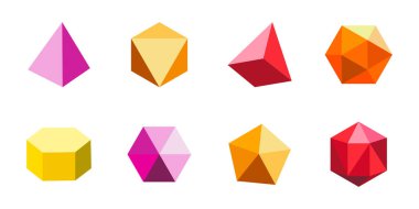 Renkli düz 3 boyutlu geometrik şekiller. Tasarım için soyut grafik ögeleri