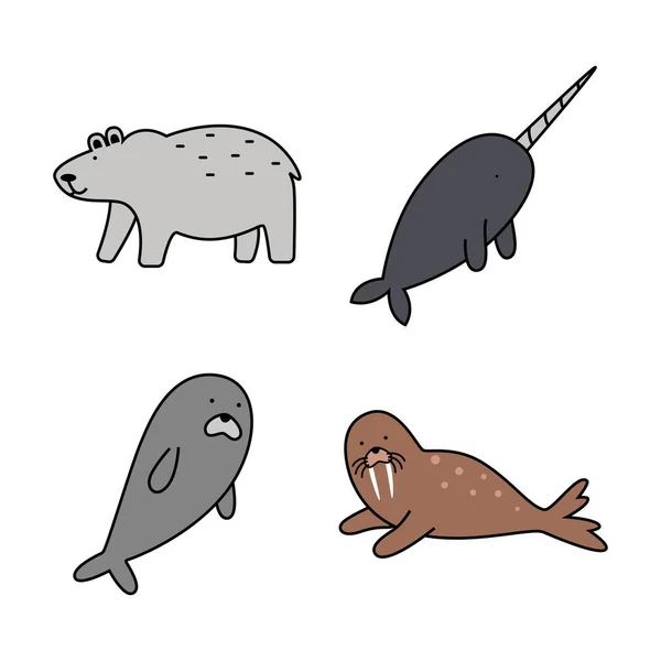 Sada Roztomilých Divokých Polárních Zvířat Kolekce Arktické Fauny Roztomilé Kreslené — Stockový vektor