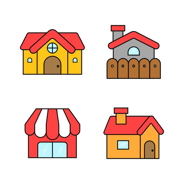 Набор Простых Домов Плоским Дизайном Симпатичное Здание Стиле Детского Мультфильма — стоковый вектор