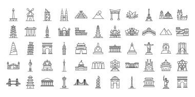 Dünyanın dört bir yanındaki turist merkezlerinin ikonları. Vektör tasarımındaki ünlü şehirlerin ikonik simgeleri