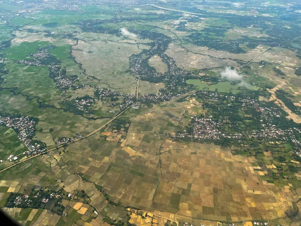 Letecká Krajina Ukazuje Zelený Výhled Město Ulice Rýžová Pole Vesnické — Stock fotografie