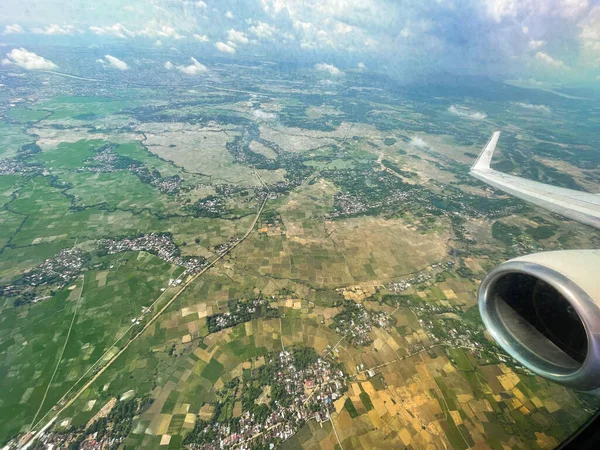 Letecká Krajina Ukazuje Zelený Výhled Město Ulice Rýžová Pole Vesnické — Stock fotografie