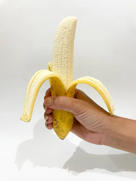 Banane Auf Weißem Hintergrund Süße Gelbe Banane Mit Details Für — Stockfoto