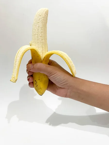 Banan Hvit Bakgrunn Søt Gul Banan Med Innhold Reklame Eller – stockfoto