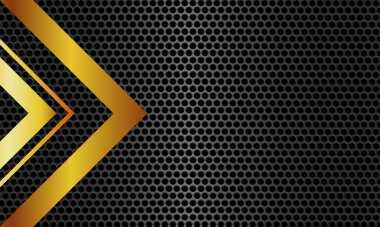 Siyah üzerine geometrik ve metin için kopyalama alanı olan soyut altın ok yönü. Modern fütüristik arkaplana sahip metal tahta tasarımı