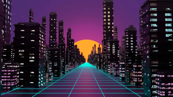 Vaporwave cyberpank sfondo della città. Illustrazione 3D, rendering 3D. Fotografia Stock