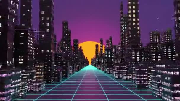Vaporwave cyberpank city background. 3D illustration, 3D rendering. — Stock Video
