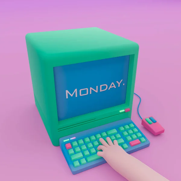 3d рендер, 3d иллюстрация. Компьютер с клавиатурой, мышью и рукой на клавишах. — стоковое фото