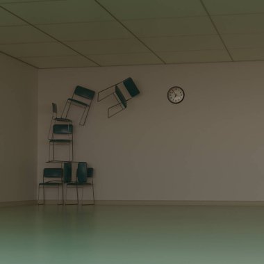 3D çizim, 3D çizim. Bekleyen sandalyeli boş oda ya da ofis.