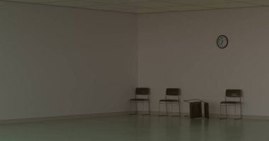 3D çizim, 3D çizim. Bekleyen sandalyeli boş oda ya da ofis.