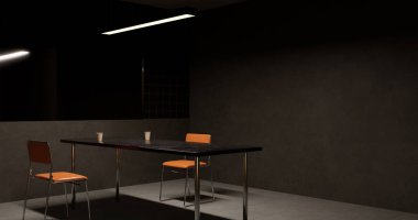 3D çizim, 3D çizim. Boş sorgu odası ya da bekleme koltukları olan ofis.
