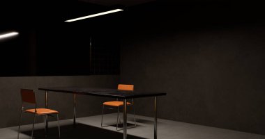 3D çizim, 3D çizim. Boş sorgu odası ya da bekleme koltukları olan ofis.