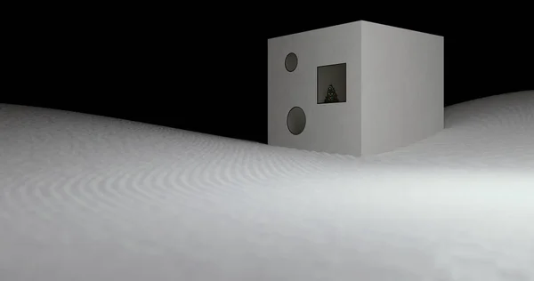 Ilustracja 3D, renderowanie 3D. Abstrakcyjny dom z choinką wewnątrz. — Zdjęcie stockowe
