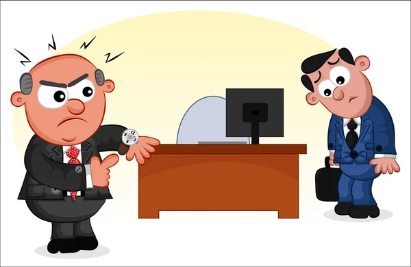 Karikatür Boss Man Geç Çalışan Kızgın — Stok Vektör