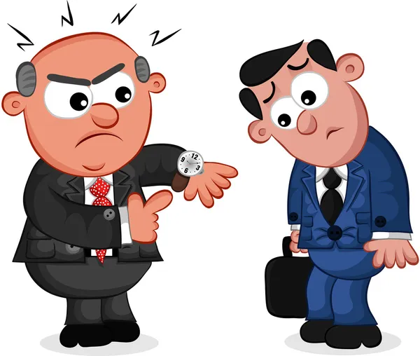 Cartoon Boss Man arrabbiato con il dipendente per essere in ritardo — Vettoriale Stock