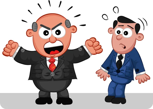 Business Cartoon - Boss Man Shouting at Frightened Employee — Stock Vector