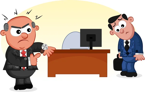 Caricature d'affaires - Patron homme en colère contre un employé en retard — Image vectorielle