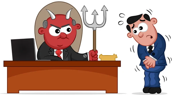 Business Cartoon - Devil Boss Man and Employee — Stock Vector