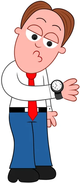 Uomo d'affari dei cartoni animati guardando orologio . — Vettoriale Stock