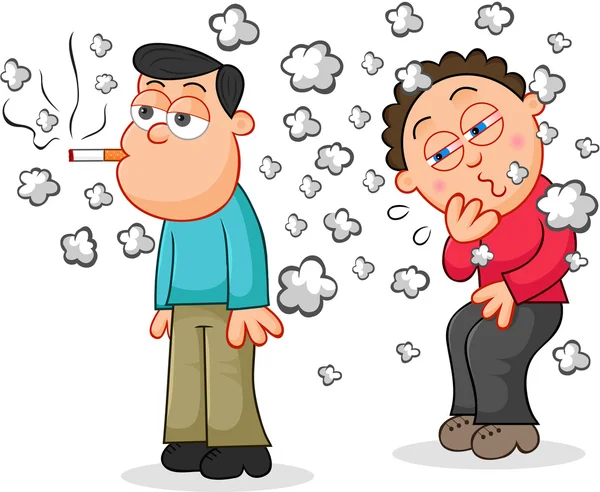 Smoking a cigarette while another man is coughing. — Stock Vector